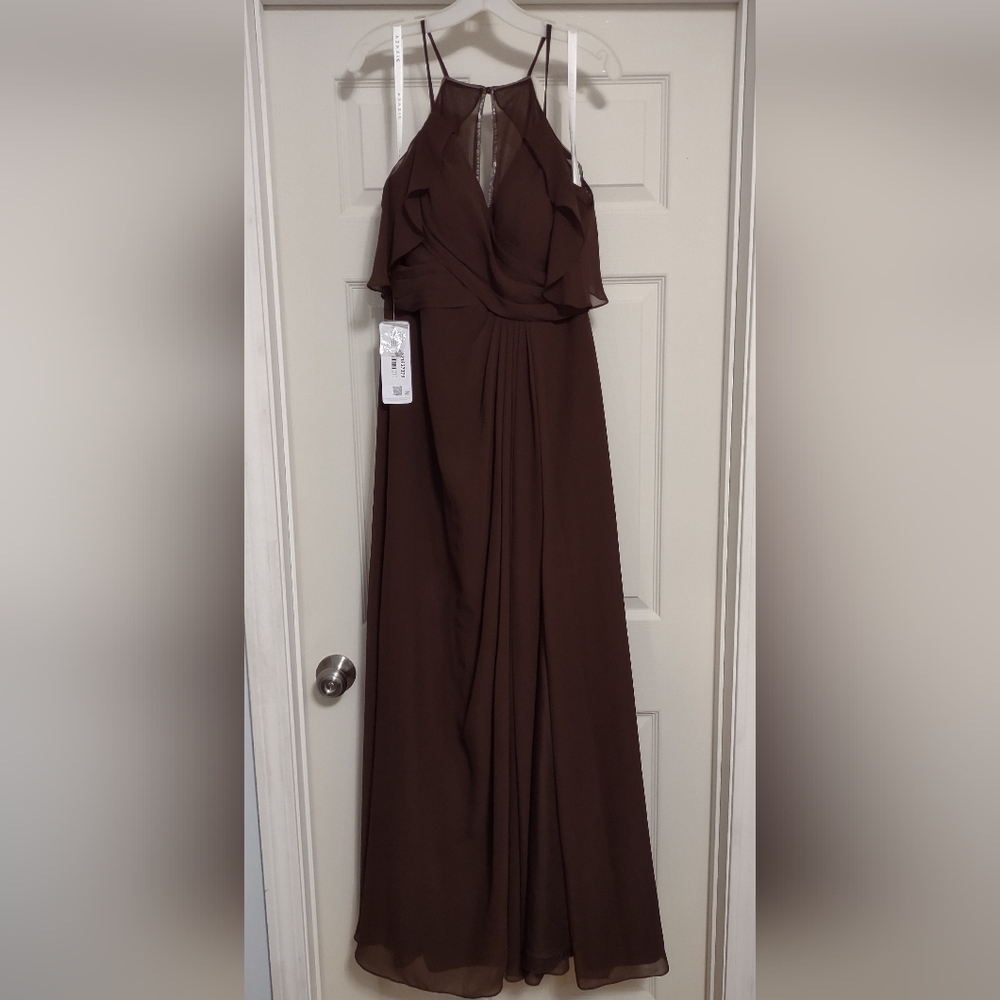 Elegant Brown Ruffle Chiffon Maxi Dress